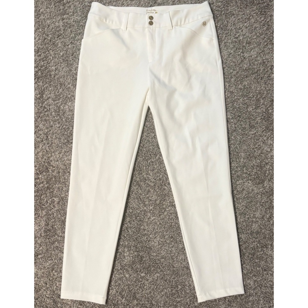 Lilly Pulitzer Luxletic White Stretch Ankle Pants Gold Logo Medallion Womens 10